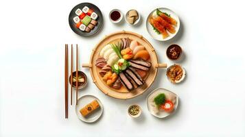 assortiment van Koreaans en Japans borden. Aziatisch voedsel. top visie, vlak leggen. ai gegenereerd foto