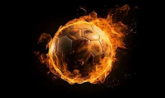 voetbal bal in brand vlammen geïsoleerd Aan zwart achtergrond ai gegenereerd foto