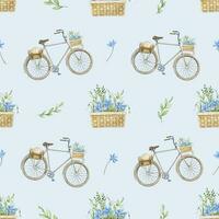 naadloos patroon met oud retro stad fiets en waterverf bloemen geïsoleerd Aan pastel blauw achtergrond. hand- getrokken illustratie met stedelijk fiets en groen planten voor omhulsel papier of textiel ontwerp foto