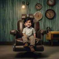 een foto van kind zittend in dokter stoel, kantoor stoel en glimlachen kind. generatief ai