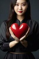 foto van licht rood hart in meisje hand- focus van hart voor vader liefde. valentijnsdag dag concept. generatief ai