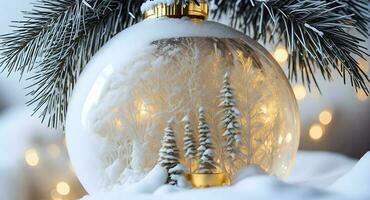 een winters tafereel van feestelijk goud en wit Kerstmis ornamenten, ingekapseld in een glas sneeuw wereldbol. ai gegenereerd foto