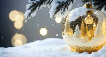 een winters tafereel van feestelijk goud en wit Kerstmis ornamenten, ingekapseld in een glas sneeuw wereldbol. ai gegenereerd foto