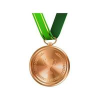 realistisch bronzen medaille Aan groen lintje. sport- wedstrijd prijzen voor derde plaats. kampioenschap beloningen voor prestaties en overwinningen. foto