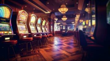 retro gestileerd casino interieur met casino sleuf machines versierd met betoverend neon lichten. generatief ai. foto