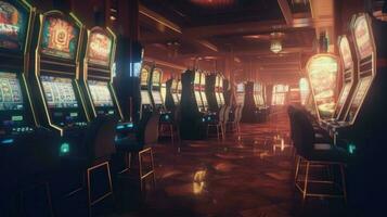 retro gestileerd casino interieur met casino sleuf machines versierd met betoverend neon lichten. generatief ai. foto