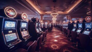 retro gestileerd casino interieur met casino sleuf machines versierd met betoverend neon lichten. generatief ai. foto