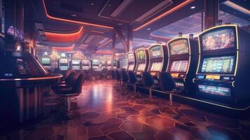 retro gestileerd casino interieur met casino sleuf machines versierd met betoverend neon lichten. generatief ai. foto