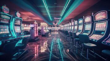 retro gestileerd casino interieur met casino sleuf machines versierd met betoverend neon lichten. generatief ai. foto