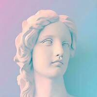 gips kopiëren van de oude standbeeld van Venus de milo in pastel toon voor artiesten Aan roze blauw achtergrond. gips beeldhouwwerk van een vrouw gezicht. kunst modern poster in zacht kleuren. liefde, schoonheid, feminisme. foto