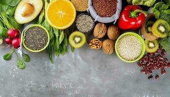 gezond voedsel schoon aan het eten selectie fruit groente zaden superfood ontbijtgranen blad groente Aan grijs beton achtergrond foto