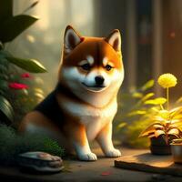 heel schattig shiba inu hond dat spelen in een kunst kamer met planten., rand verlichting, aanbiddelijk groot ogen, klein foto