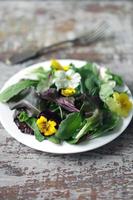 mix van salade met bloemen op een wit bord foto