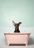 schattig doberman hond in een klein bad met zeep schuim en bubbels, schattig pastel kleuren, generatief ai. foto