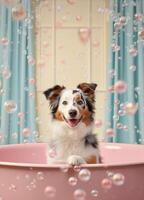 schattig Australisch herder hond in een klein bad met zeep schuim en bubbels, schattig pastel kleuren, generatief ai. foto
