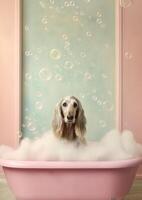 schattig afghaan hond hond in een klein bad met zeep schuim en bubbels, schattig pastel kleuren, generatief ai. foto