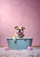 schattig bulldog hond in een klein bad met zeep schuim en bubbels, schattig pastel kleuren, generatief ai. foto