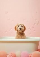 schattig gouden tekening hond in een klein bad met zeep schuim en bubbels, schattig pastel kleuren, generatief ai. foto