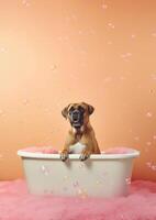 schattig bullmastiff hond in een klein bad met zeep schuim en bubbels, schattig pastel kleuren, generatief ai. foto