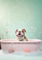 schattig bulldog hond in een klein bad met zeep schuim en bubbels, schattig pastel kleuren, generatief ai. foto