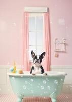 schattig Boston terriër hond in een klein bad met zeep schuim en bubbels, schattig pastel kleuren, generatief ai. foto