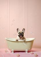 schattig Frans bulldog hond in een klein bad met zeep schuim en bubbels, schattig pastel kleuren, generatief ai. foto