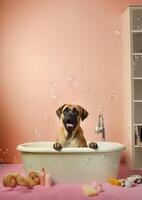 schattig bullmastiff hond in een klein bad met zeep schuim en bubbels, schattig pastel kleuren, generatief ai. foto