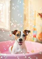 schattig jack Russell terriër hond in een klein bad met zeep schuim en bubbels, schattig pastel kleuren, generatief ai. foto