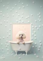 schattig poedel hond in een klein bad met zeep schuim en bubbels, schattig pastel kleuren, generatief ai. foto