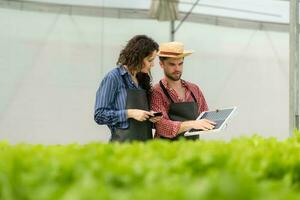 klein mensen uit het bedrijfsleven met de missie van installeren een klein zonne- cel paneel voor de elektrisch systeem van de biologisch groente tuin. foto