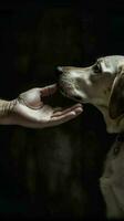 een Mens beroertes een hond. de hand- accenten de hond. generatief ai. foto