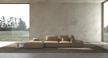 minimalisme modern interieur Scandinavisch design lichte studio woonkamer met gepleisterde muur mock up en panoramisch natuur bos weergave achtergrond 3D-rendering illustratie foto
