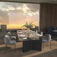 luxe eetkamer met zonneschijn en stad panorama achtergrond en groot raam met uitzicht op de nachtelijke hemel 3d render illustratie felle kleur interieur