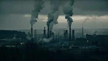 vervuilend fabriek achtergrond met veel van zwart rook schoorstenen, productie uitstoot, natuur verontreiniging thema foto