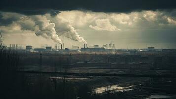 vervuilend fabriek achtergrond met veel van zwart rook schoorstenen, productie uitstoot, natuur verontreiniging thema foto