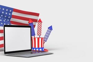 gelukkige 4 juli usa onafhankelijkheidsdag en laptopmodel met versier en Amerikaanse vlag foto