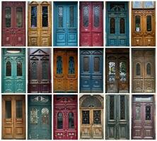 retro oud deuren Aan de straat. gekleurde deuren. groen deur achtergrond. sier- deur foto