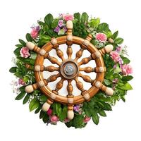 3d nautisch, marinier, bloemen illustratie met houten stuur, ai generatief foto