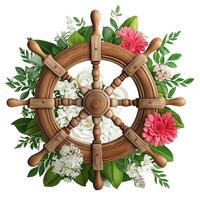 3d nautisch, marinier, bloemen illustratie met houten stuur, ai generatief foto