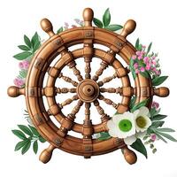 3d nautisch, marinier, bloemen illustratie met houten stuur, ai generatief foto
