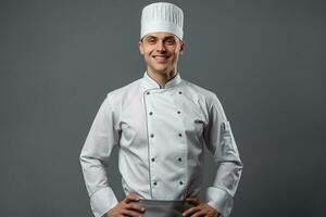 gelukkig jong chef poseren in uniform foto