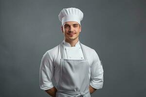 gelukkig jong chef poseren in uniform foto