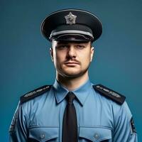 een Mens vervelend een Politie uniform staat tegen een blauw achtergrond. foto