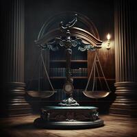 balans van gerechtigheid in de donker rechtbank hal, wet concept. generatief ai foto