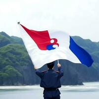 ai genereren foto persoon golvend de vlag van zuiden Korea