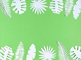 tropische papieren bladeren op groene achtergrond, plat gelegd met kopieerruimte. foto