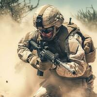 soldaat krachten vechten en actie in de woestijn, generatief ai illustratie. foto