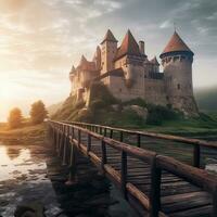 oud middeleeuws.middeleeuws kasteel Aan de eiland en een brug leidend. generatief ai illustratie. foto