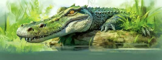 krokodil, alligator Aan de rivier- in de oerwoud, banier, gemaakt met generatief ai foto