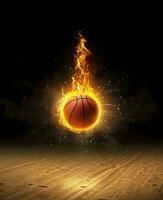 basketbal Aan vuur, een donker achtergrond Aan een hardhout Sportschool verdieping foto